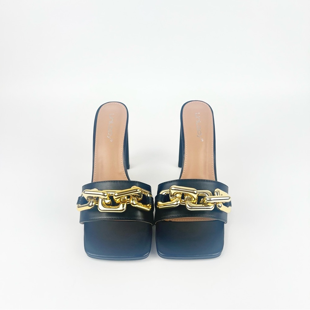 Square Toe Slip-On Block Heel with Gold Chain Detail